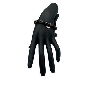 Black & Bronze Beaded Stretch Bracelet With Metal Enough Charm